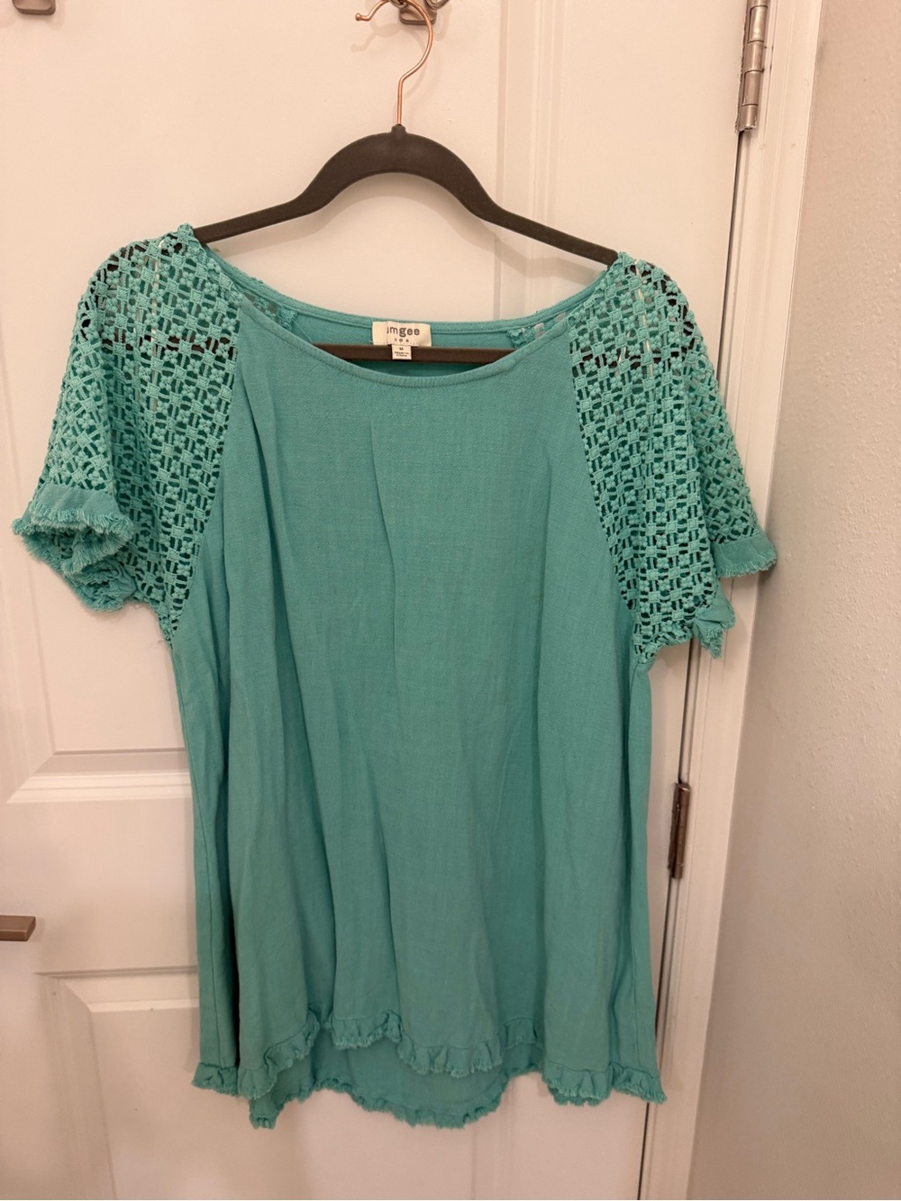 Umgee Teal Crochet Sleeve Tunic Top